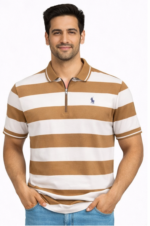 👕 Men’s Striped Polo T-Shirt – Premium Cotton Half-Zip Style