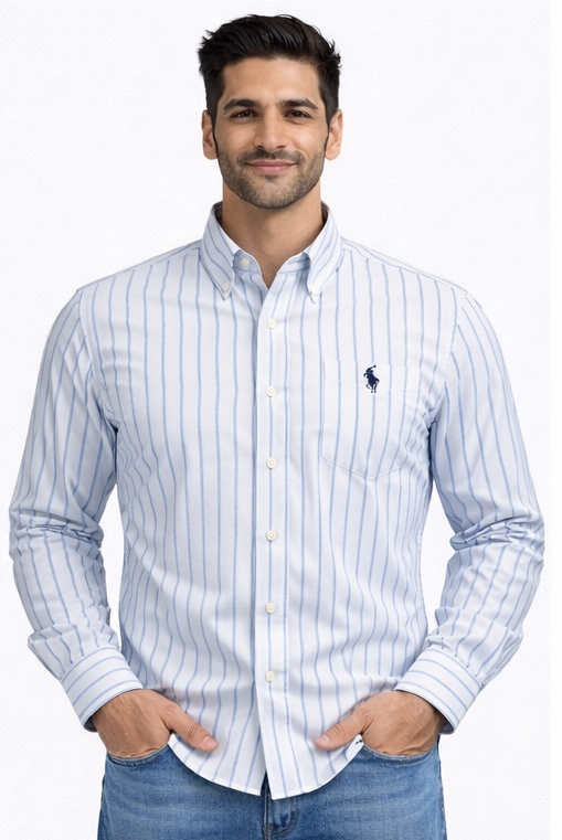 Polo Ralph Lauren Men’s Custom Fit Striped Oxford Shirt – Light Blue & White