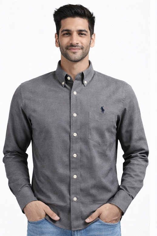 👔 Men’s Solid Grey Button-Down Shirt – Premium Cotton Custom Fit