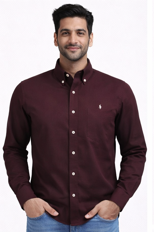 👔 Men’s Solid Maroon Button-Down Shirt – Premium Cotton Custom Fit