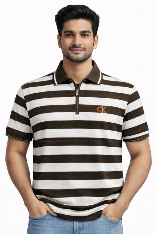 👕 Men’s Striped Polo T-Shirt – Premium Cotton Blend
